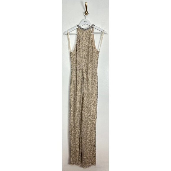 MAC DUGGAL Bugle Bead Halter Sheath Gown in Nude Silver Size US 8 - Picture 9 of 12